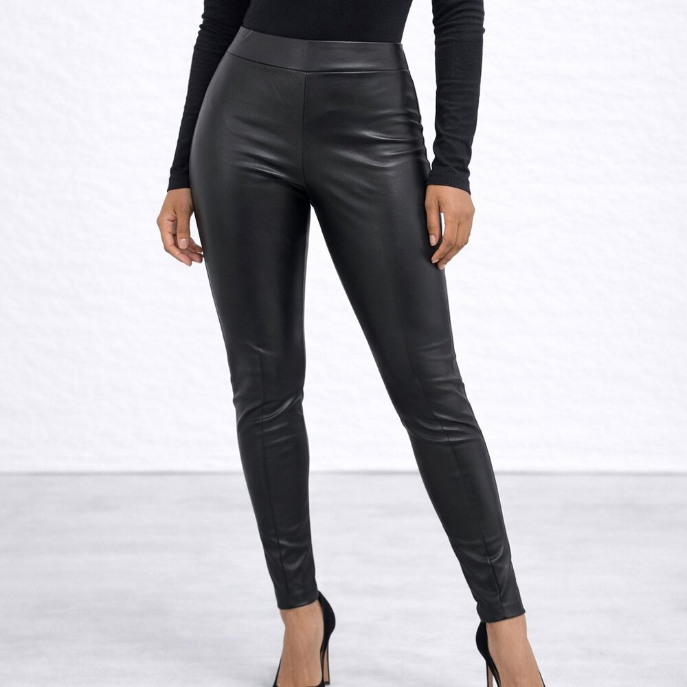 Haute Monde Black Vegan Leather Leggings Womens L High Rise Stretch Skinny Pants